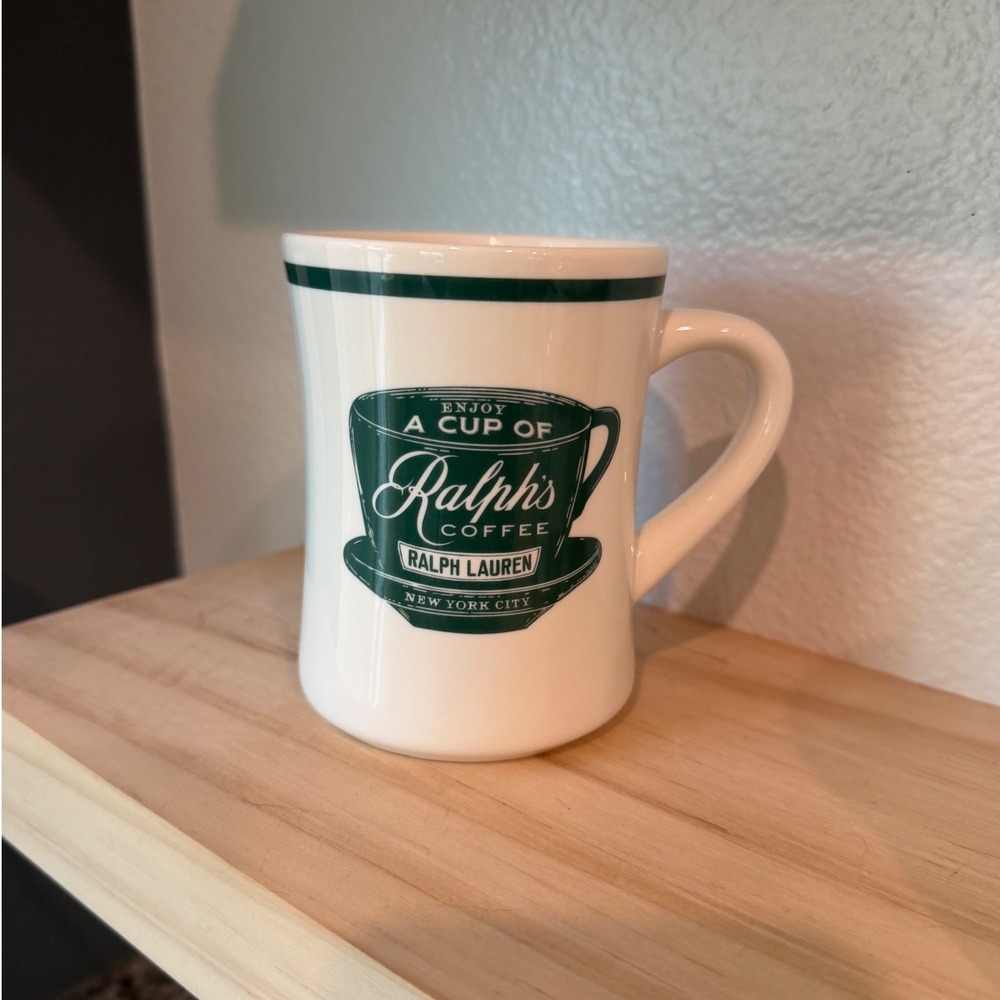 Ralph Lauren Ralphs Coffee NYC White Porcelain Diner Mug Green Logo New
